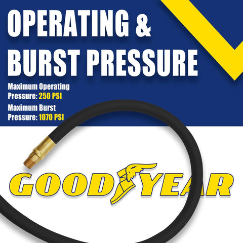 6 Foot Rubber Whip Hose 3/8 Inch With Brass 1/4 NPT End Fittings Built Tough 250 PSI Max Weather Oil Solvent Resistant