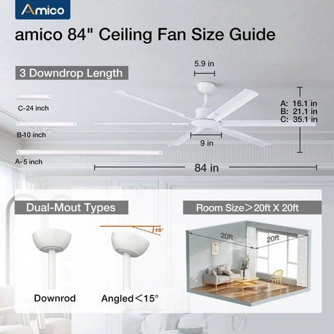 amico 84 Inch Industrial Ceiling Fan With Remote Real Quiet 6 Blade Reversible Airflow For Indoor Outdoor Spaces Size Guide