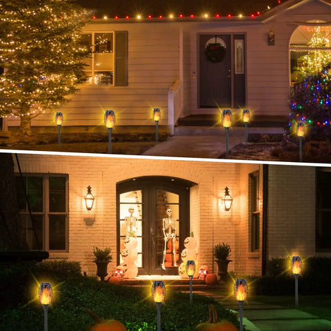 12 Pack Solar Torch Lights With Realistic Flickering Flame, 12 LEDs, IP65 Waterproof Tiki Torches illuminating garden path