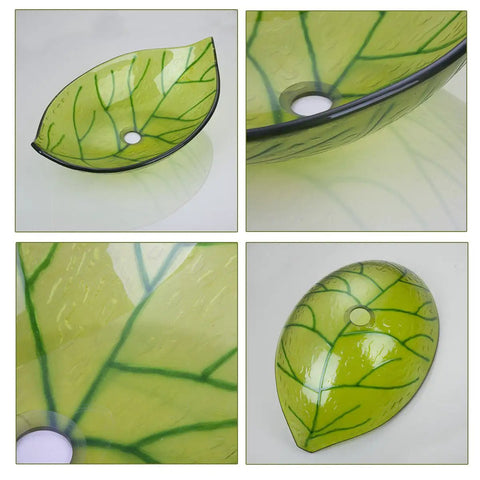 Leaf Shape Vessel Sink Set With Tempered Glass Basin And Waterfall Chrome Faucet Pop Up Drain Deck Mounted Installation Modern Bathroom Glass Sink Kit Durable Easy To Clean Stylish Upgrade - top view of green leaf-shaped glass vessel sink.