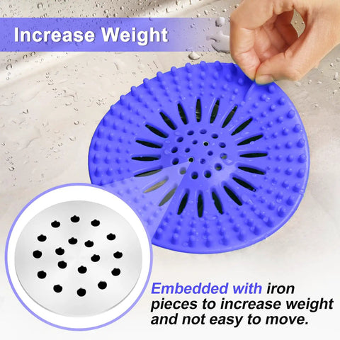 Heavy Duty Stainless Steel Hair Catcher For Shower Drain And Bathtub Tub With Solid Anchor Block Upgraded Anti Floating Drain Strainer, blue design with embedded weight.