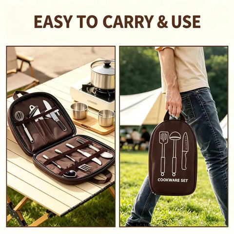 Waterproof Camp Kitchen Knife Bag With Large Capacity Storage And Hooks For Camping shown filled with utensils, carried outdoors.