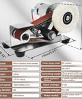 Heavy Duty Mini Sander With Angled Belt And 7 Speed Adjustments, metal bench sander in silver with sanding belt and polishing wheel.