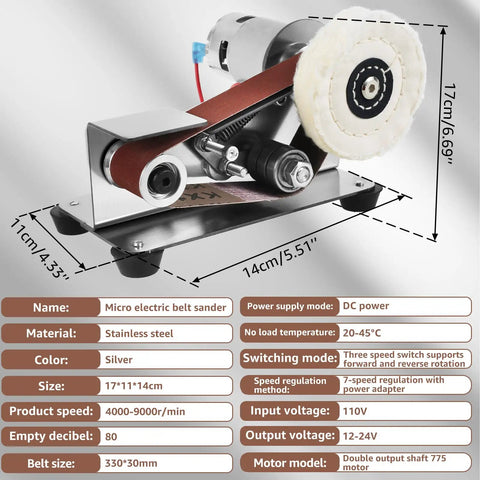Heavy Duty Mini Sander With Angled Belt And 7 Speed Adjustments, metal bench sander in silver with sanding belt and polishing wheel.