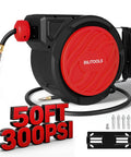 Heavy Duty Retractable Air Hose Reel With Smooth Auto Rewind 3/8 X 50 Feet Max 300 PSI showing black and red design with attached installation bracket.