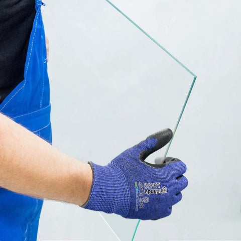 Person handling glass with Level 5 Cut Resistant Work Gloves With Nitrile Palm Grip For Dry To Oily Surfaces, 3D Comfort Stretch Fit.