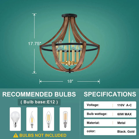 Gold 6 Light Rustic Semi Flush Mount Ceiling Fixture In Black Brown Finish Modern Farmhouse Style dimensions shown