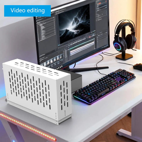External GPU Dock For Laptops Featuring Heavy Duty Metal Frame And Real PCIe 4.0 Support on a video editing desk setup.