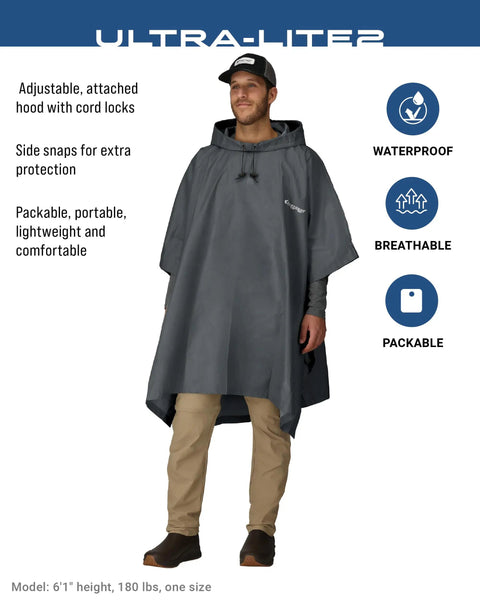 Man wearing Ultra Lite 2 Reusable Waterproof Breathable Poncho For Rain Gear That Actually Works Lightweight Durable Nonwoven Polypropylene PFAS Free