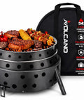 2nd Gen Collapsible Grill And Stove Portable Camping Cooker For Charcoal Or Wood with grilling meat and vegetables visible