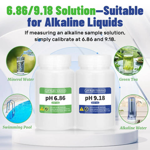 15 Pack pH Buffer Powder Calibration Kit With 4.00 6.86 9.18 pH Buffers And 3 Extra Bottles For Precise Easy Calibration Of Digital pH Meters And Monitors A Pro Calibration Kit two bottles with pH 6.86 and 9.18 labels, suitable for alkaline liquids.