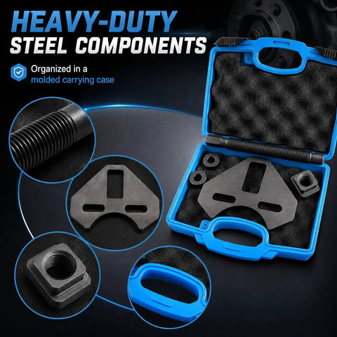 Shop Grade Wheel Bearing Hub Removal Tool And Puller For 5 6 8 Lug Setups with heavy duty steel components in carry case.