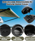 Two Pack RV Awning Motor and Idler End Cover Kit Black for RV Awnings Includes Left and Right Side Covers Compatible With Altitude and Compass TAJVAP 46JVAP R001931006 R001932006 shown in use on an RV awning with product details.