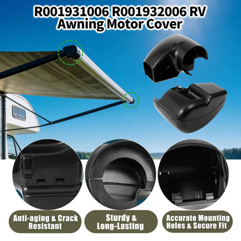 Two Pack RV Awning Motor and Idler End Cover Kit Black for RV Awnings Includes Left and Right Side Covers Compatible With Altitude and Compass TAJVAP 46JVAP R001931006 R001932006 shown in use on an RV awning with product details.
