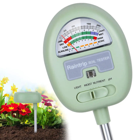 4 In 1 Soil Tester For Moisture, pH, Light And Nutrients shown with flowers, compact green unit, rotating dial for easy readings.