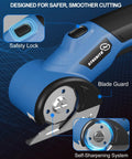 Close-up of Strebilo Cordless Electric Scissors and Box Cutter for Cardboard showing safety lock and self-sharpening blade.