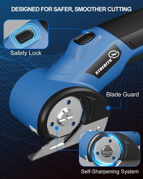 Close-up of Strebilo Cordless Electric Scissors and Box Cutter for Cardboard showing safety lock and self-sharpening blade.