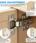 10 Pack 1 3/8 Inch Cabinet Hinges With Soft Close For Kitchen Cupboards showing adjustment options in open position, includes screws