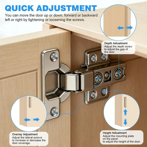 10 Pack 1 3/8 Inch Cabinet Hinges With Soft Close For Kitchen Cupboards showing adjustment options in open position, includes screws