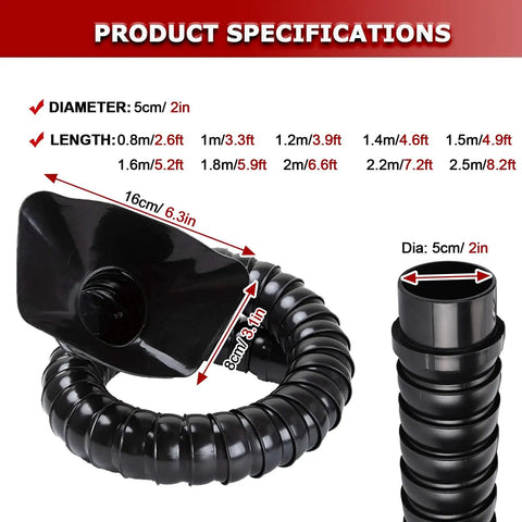Heavy Duty 360 Degree Dust Collection Arm With 2.5 Meter Fume Extractor Hose For Shop Setup Built Tough Pom Ducting showing 5cm diameter and flexible design.