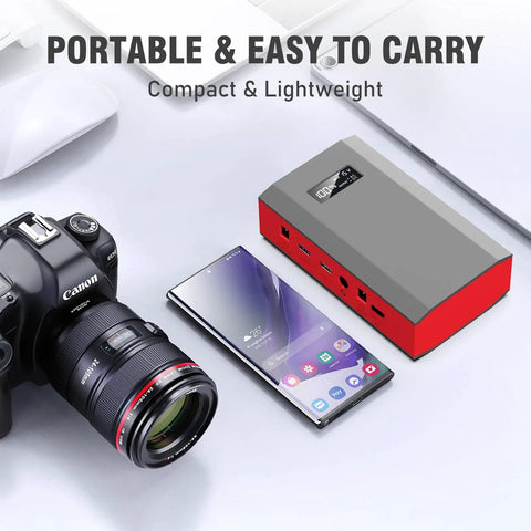 Portable Power Bank With AC Outlet 65W External Battery For Laptop Charging And Outdoor Use On The Go 24000mAh Backup Power Supply For RV Camping Home Emergency Grey Red next to camera and phone