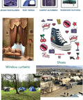 Collage of various items: jeans, tent, carpet, sunshade, elaborate window curtains, sneakers with doodles, camping tents, and a tent village.