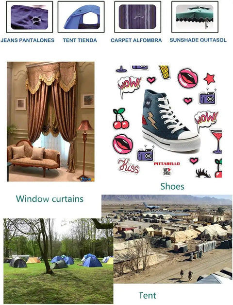 Collage of various items: jeans, tent, carpet, sunshade, elaborate window curtains, sneakers with doodles, camping tents, and a tent village.