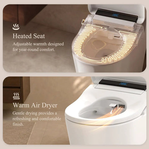 Butter Smooth Tankless Electric Bidet Toilet Seat With Instant Warm Water Wash And Dual Spray Cleaners Fits Round And Elongated Bowls showing heated seat and warm air dryer features.