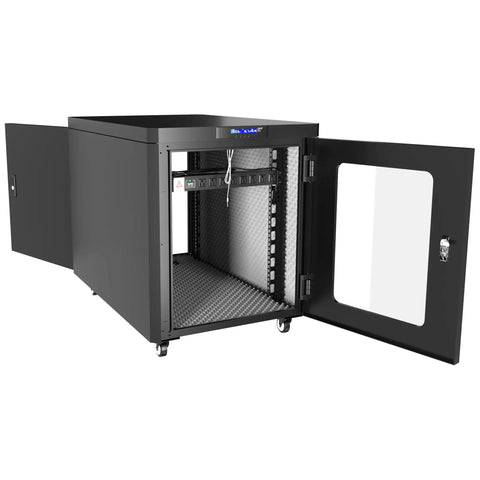 Solid Rig 12U Soundproof Server Rack with open doors, showcasing interior designed for quiet tech setup in home office.
