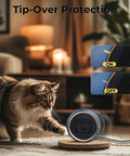 Portable Electric Space Heater With 2S Fast Heating And PTC Ceramic showing tip-over protection near a cat in a living room.