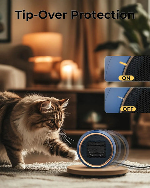 Portable Electric Space Heater With 2S Fast Heating And PTC Ceramic showing tip-over protection near a cat in a living room.