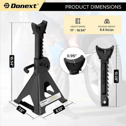 Beefy Heavy Duty 3 Ton Steel Jack Stands Adjustable Lift Stands Pair With Sawtooth Ratchet Bar And Double Lock Stable Pyramid Base Black Car Lifting Stands For Safe Vehicle Support In The Garage dimensions and design features