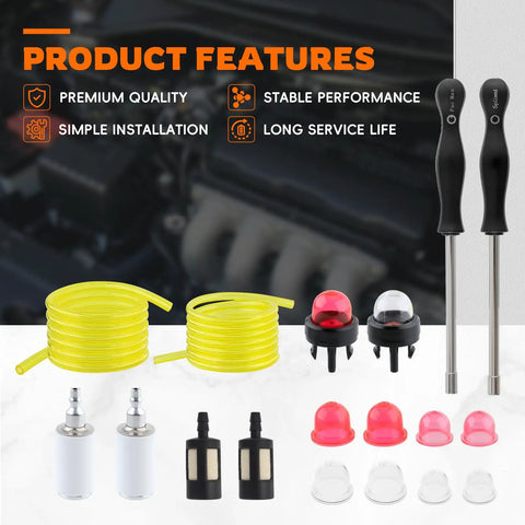 Four Foot Small Engine Fuel Line Kit with mixed tubes, primer bulbs, adjustment tools, and filters for chainsaws and trimmers.
