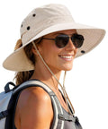 Woman wearing Go To Sun Hat For Women With Ponytail Hole, Wide Brim Beach Bucket Style, Lightweight Nylon, Upf 50 Plus Sun Protection, Outdoor Beige