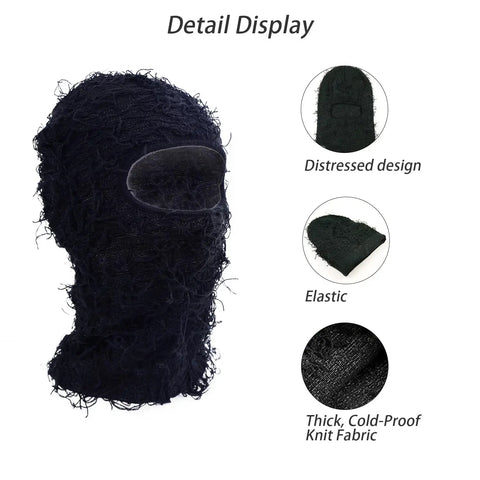 Black 2 Pack Distressed Balaclava Ski Masks For Men And Women, Shiesty Sheisty Full Face Knit Mask, detailed fabric and design view.