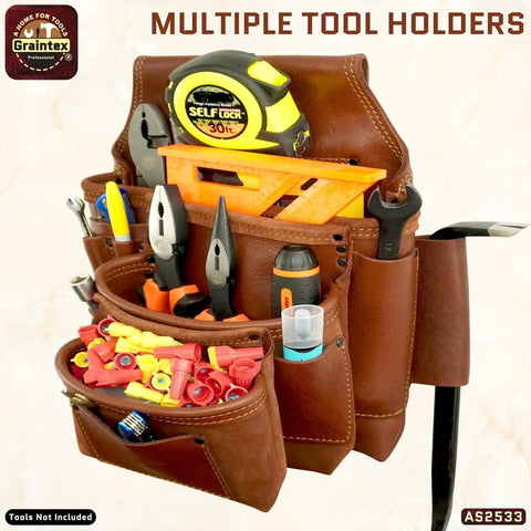 Ambassador Series 10 Pocket Framers Tool Pouch Pro Grade Nail And Tool Holder Built For Pros Made From Genuine Top Grain Leather For Framers Electricians Plumbers And Handymen Chestnut Brown holding various tools