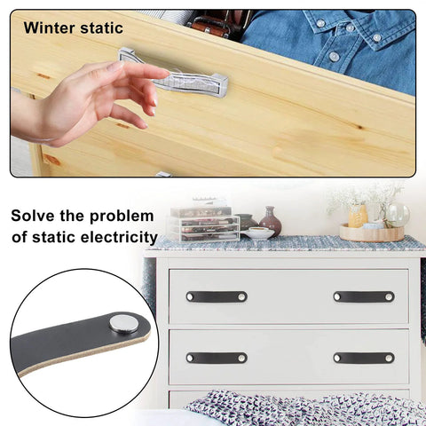 Six Piece Leather Furniture Handles Set For Drawers And Cabinets 5.6 Inch Leather Drawer Pulls Modern Black Knobs Installed