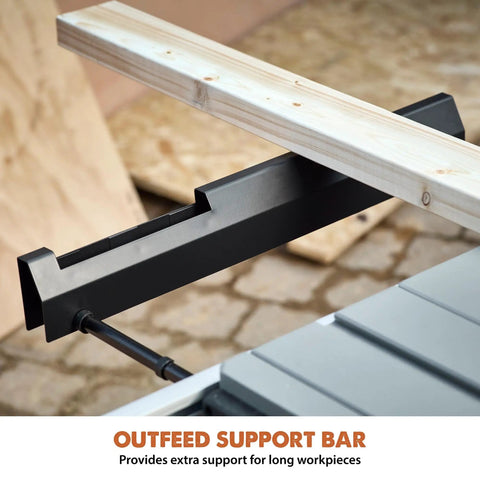 Outfeed support bar showing use in 10 Inch Jobsite Table Saw With Wheeled Scissor Stand 15 Amp Motor Multi Material Cutting