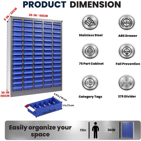 Garage-Grade 75-Drawer Nut and Bolt Organizer Cabinet with ABS Drawers, 36 Inch High, 26 Inch Deep, 9 Inch Wide Hardware Storage, Adjustable Shelves and Label System for Workshop, Lab, and Home Garage Tool Storage, stainless steel frame