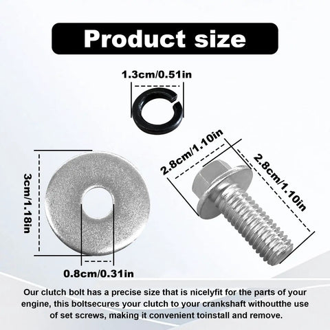 Product size of Badass 3/4 Inch Go Kart Clutch Bolt Kit With Lock Washers For Predator Engines, includes bolt and washer dimensions.