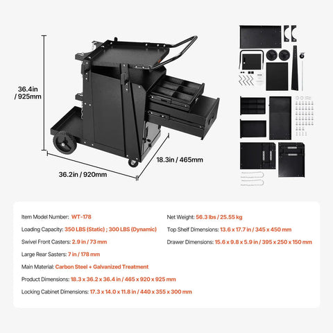Heavy Duty Welding Cart With 2 Drawers Lockable Cabinet 350 Lbs Capacity 360 Degree Swivel Wheels Tank Storage Safety Chains