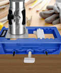 Blue Door Hinge Jig Router Template For Quick DIY Installations Fits 3 To 5 Inch Hinges With Square Or Round Mortises shown on table