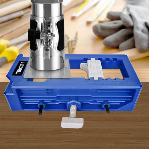 Blue Door Hinge Jig Router Template For Quick DIY Installations Fits 3 To 5 Inch Hinges With Square Or Round Mortises shown on table