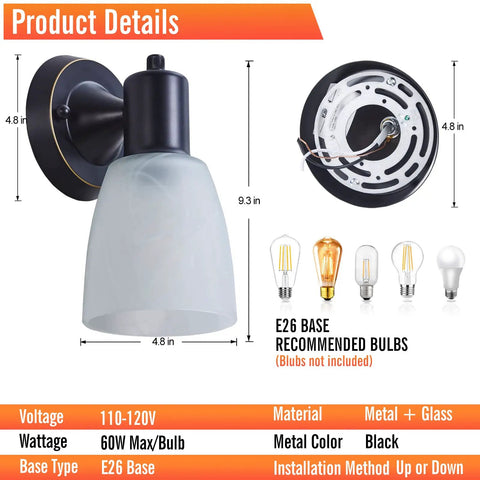 Matte Black Wall Sconces Set Of 2 Vanity Lights For Bathroom And Living Room Modern Wall Mount Fixtures With Frosted Glass Rotary Switch Farmhouse Style Indoor Lighting For Bedroom And Mirror, showing side view with bulb options.