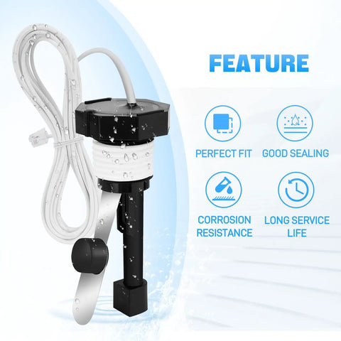 Upgraded GLX-FLO-RP Pool Flow Switch Assembly with 15 ft cable and metal probe for Hayward Goldline Aqua Rite systems, feature icons
