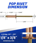 Professional Grade Copper Pop Rivets 100 Pack One Eighth By Three Eighth Dome Head Blind Rivets dimensions and drill bit size.