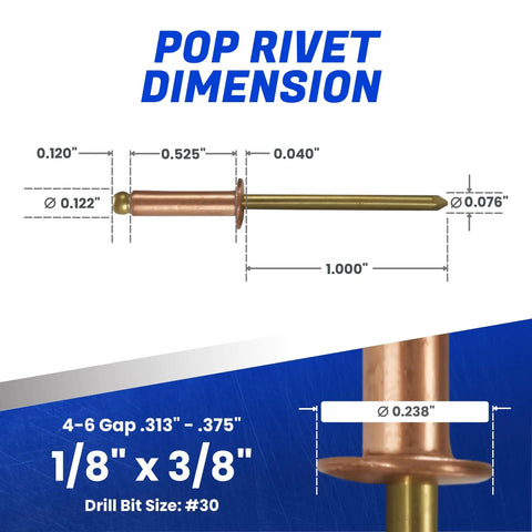 Professional Grade Copper Pop Rivets 100 Pack One Eighth By Three Eighth Dome Head Blind Rivets dimensions and drill bit size.