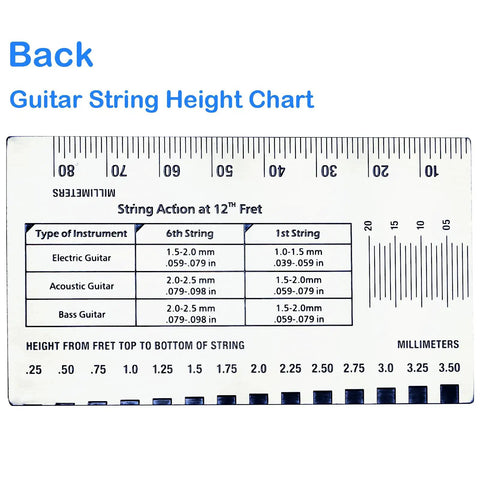 Back view of Precision Guitar Action Gauge Ruler For Dope Accurate String Height Measurement with string height chart visible.
