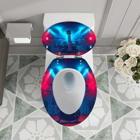 Elongated Toilet Seat Resin for Man Cave featuring a colorful guitar and drum design, measuring 14.5" x 18.5".