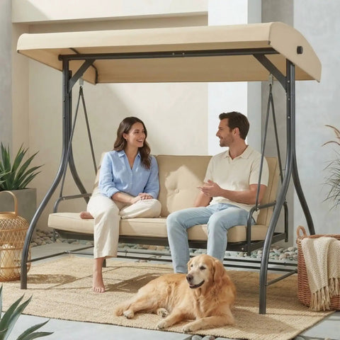 Two people sitting on Three Seat Outdoor Patio Swing With Adjustable Canopy And Backrest Convertible Glider Bed On Stand